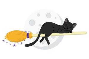 chat noir mignon volant sur le balai de la sorcière devant la pleine lune vecteur