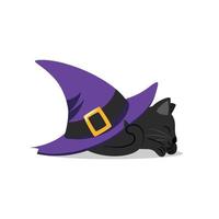 joli chat noir dort sous un chapeau de sorcière pointu violet vecteur