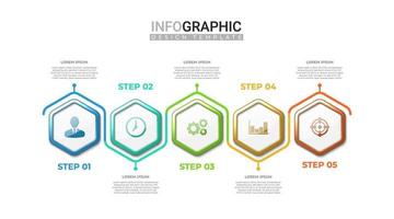 Infographie réaliste 3d en 5 étapes. infographie professionnelle avec une forme hexagonale dégradée colorée. étapes d'informations commerciales avec icône vecteur