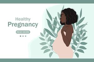 jeune femme enceinte sur fond avec feuilles et texte grossesse saine. ressource web, illustration, vecteur