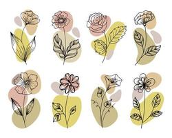 ensemble de fleurs dessinées à la main dans un style doodle, contour noir avec des taches de couleur abstraites. dessin au trait, illustration, éléments de décoration vecteur