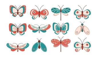 ensemble d'insectes papillons libellule et papillons de nuit dans des couleurs pastel style doodle sur fond blanc. impression, éléments de décor, icônes.