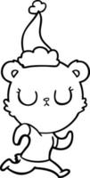 dessin au trait paisible d'un ours courant portant un bonnet de noel vecteur
