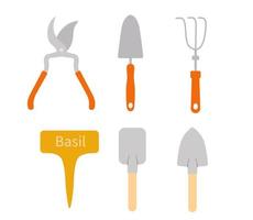 ensemble d'outils de jardin de vecteur isolé sur fond blanc. éléments de jardinage en style cartoon plat - pelle, râteau, sécateur