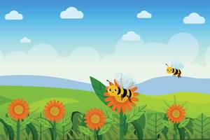 les abeilles survolent le jardin fleuri et collectent le miel du concept de vecteur végétal. de jolies abeilles souriantes volent et collectent le nectar du vecteur de fleurs de marguerite. groenland avec jardin fleuri et ciel bleu.