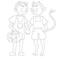 enfants d'Halloween. adorable garçon et lutin se tiennent la main. le garçon a un panier de citrouille pour les bonbons. style de griffonnage. illustration de stock de vecteur isolé sur fond blanc.