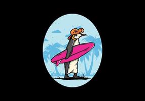 pingouin mignon portant une planche de surf sur l'illustration de la plage
