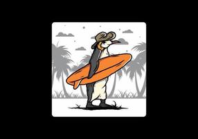 pingouin mignon portant une planche de surf sur l'illustration de la plage vecteur