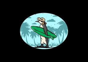 pingouin mignon portant une planche de surf sur l'illustration de la plage vecteur