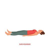 femme faisant shavasana ou pose de cadavre. pratique du yoga. illustration de vecteur plat isolé sur fond blanc