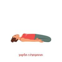 femme faisant du yoga, allongée dans un exercice de héros inclinable, pose de supta virasana, s'entraînant. illustration de vecteur plat isolé sur fond blanc