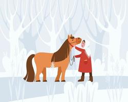 une petite fille se promène dans la forêt d'hiver avec son cheval vecteur