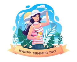 une belle fille portant des vêtements d'été avec un chapeau blanc tient un verre en profitant de l'été sur la plage. femme en été sur le concept de fond bleu mer et ciel. illustration vectorielle de style plat vecteur