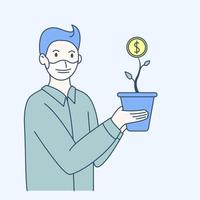 un jeune homme masqué tient un pot avec une plante avec une pièce d'un dollar. concept de gestion de la crise économique, des petites entreprises, de l'épargne, de l'investissement, de la finance