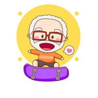 mignon vieil homme heureux jouant au skateboard. personnage de dessin animé chibi. vecteur