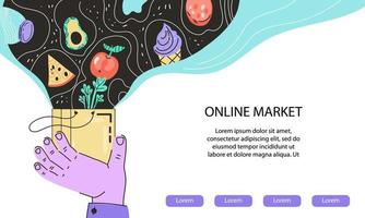 commande de nourriture en ligne et modèle de bannière de service de livraison sur le marché Internet avec main tenant un sac d'épicerie rempli de denrées alimentaires. interface du site Web de la boutique de produits des agriculteurs. illustration vectorielle de dessin animé plat. vecteur