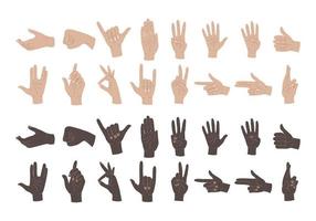 gestes de la main. ensemble de mains humaines, signes et gestes, figures et mouvements des doigts. différentes couleurs mains illustrations vectorielles isolées sur fond blanc vecteur