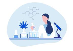 cannabis, concept de médecine alternative de marijuana. scientifique travaillant et analyse dans une expérience de laboratoire dans l'illustration vectorielle du cannabis.