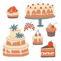 ensemble de desserts pâtissiers. gâteau de mariage, cupcakes et tartes éléments vectoriels.