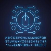 icône de néon de souris d'ordinateur. gestion numérique. matériel informatique. signe lumineux avec alphabet, chiffres et symboles. illustration vectorielle isolée vecteur