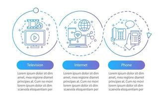 tv, internet, modèle d'infographie vectorielle de bundle de téléphone. les plans tarifaires des fournisseurs de services de communication. visualisation des données avec trois étapes, options. chronologie du processus. disposition du flux de travail avec des icônes vecteur