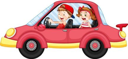 enfants dans une voiture rouge en style cartoon vecteur