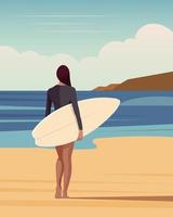 une fille avec une planche de surf se tient sur le rivage sablonneux de l'océan. paysage marin, repos actif sur l'océan. illustration d'été, vecteur