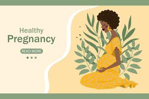 jeune femme enceinte en arrière-plan avec des feuilles et texte grossesse saine. ressource web, illustration, vecteur