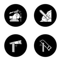 ensemble d'icônes de glyphe d'outils de construction. étau et brosse métallique, ciseau en fer, scie à main et scie à métaux coupant une planche de bois. illustrations de silhouettes blanches vectorielles dans les cercles noirs vecteur