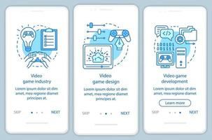 modèle de vecteur d'écran de page d'application mobile d'intégration de l'industrie du jeu vidéo. développement de jeux informatiques, conception. étapes du site Web pas à pas avec des illustrations linéaires. concept d'interface de smartphone ux, ui, gui