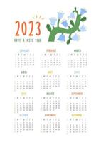 beau calendrier floral - bonne année - 2023. modèle vectoriel imprimable botanique. calendrier mensuel avec fleur dessinée à la main pour l'année 2023. conception de calendrier audacieuse