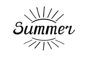 composition de lettrage vectoriel dessinée à la main. mot d'été avec le soleil et les rayons. lettres noires isolées sur fond blanc.