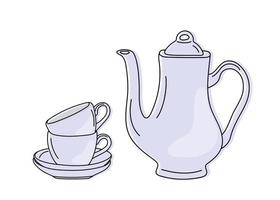 cafetière et tasses en céramique dessinées à la main. vecteur