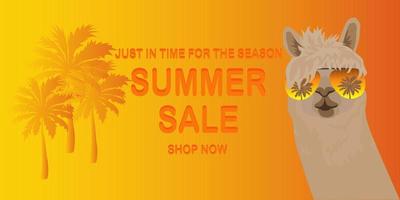 bannière de vente d'été orange avec palmiers et lama portant des lunettes de soleil. vecteur