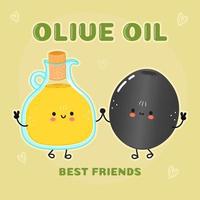 jolie carte d'olives heureuses et d'huile d'olive. conception d'icône d'illustration de personnage de dessin animé de style doodle dessinés à la main de vecteur. carte de concept d'amis heureux olives et huile d'olive vecteur