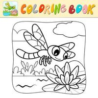 livre de coloriage ou page de coloriage pour les enfants. illustration vectorielle libellule noir et blanc. fond naturel vecteur