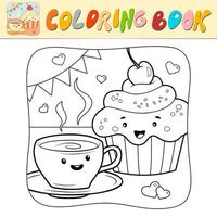 livre de coloriage ou page de coloriage pour les enfants. thé et gâteau illustration vectorielle noir et blanc. fond naturel vecteur