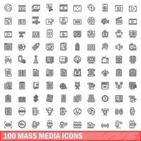 Ensemble de 100 icônes de médias de masse, style de contour vecteur