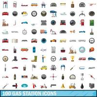 Ensemble de 100 icônes de station-service, style dessin animé