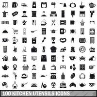 Ensemble de 100 icônes d'ustensiles de cuisine, style simple vecteur