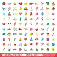 100 jouets pour enfants icônes ensemble, style cartoon vecteur