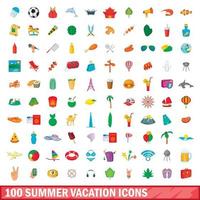 Ensemble de 100 icônes de vacances d'été, style cartoon vecteur