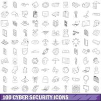 Ensemble de 100 icônes de cybersécurité, style de contour vecteur