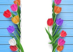 promo de vente de printemps avec modèle de cadre de fond de bouquet de fleurs de tulipes colorées illustration vectorielle 3d vecteur