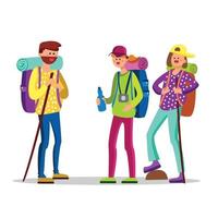 personnages de randonneurs avec illustration vectorielle d'équipement touristique vecteur