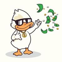 cool canard riche jetant de l'argent et des pièces de monnaie vecteur