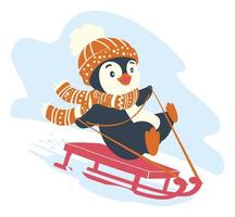 traîneau à pingouins drôle. tour de pingouin de noël sur une illustration de traîneau vecteur