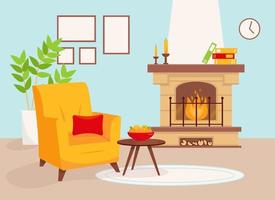 salon avec cheminée et fauteuil jaune. illustration vectorielle intérieure confortable.