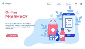 bannière de pharmacie en ligne. modèle de page Web avec smartphone et médicaments. concept de traitement et de pharmacie pour site web. illustration vectorielle. vecteur