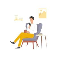 un homme assis sur la chaise avec téléphone et tasse de café dans la chambre ou le café. notion de médias sociaux. illustration vectorielle vecteur